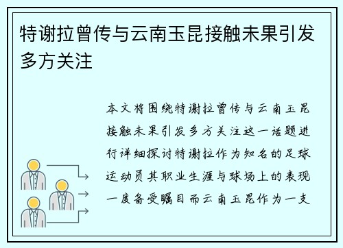 特谢拉曾传与云南玉昆接触未果引发多方关注 特谢拉曾传与云南玉昆接触未果引发多方关注